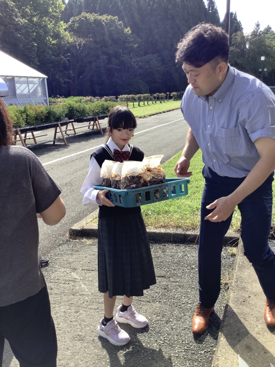 しいたけの菌床を運んでいる様子