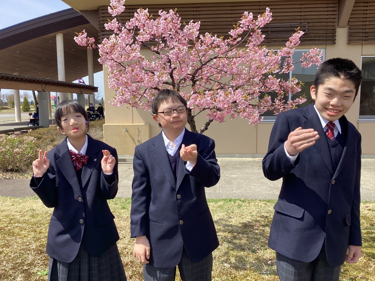 桜の下で中2の３人でポーズをとる写真