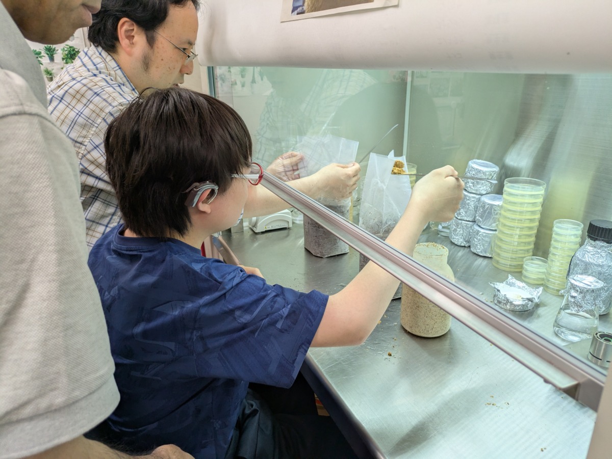手元をよく見て菌床の袋詰め体験をする中学部2年男子の写真