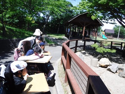 動物とふれあう様子