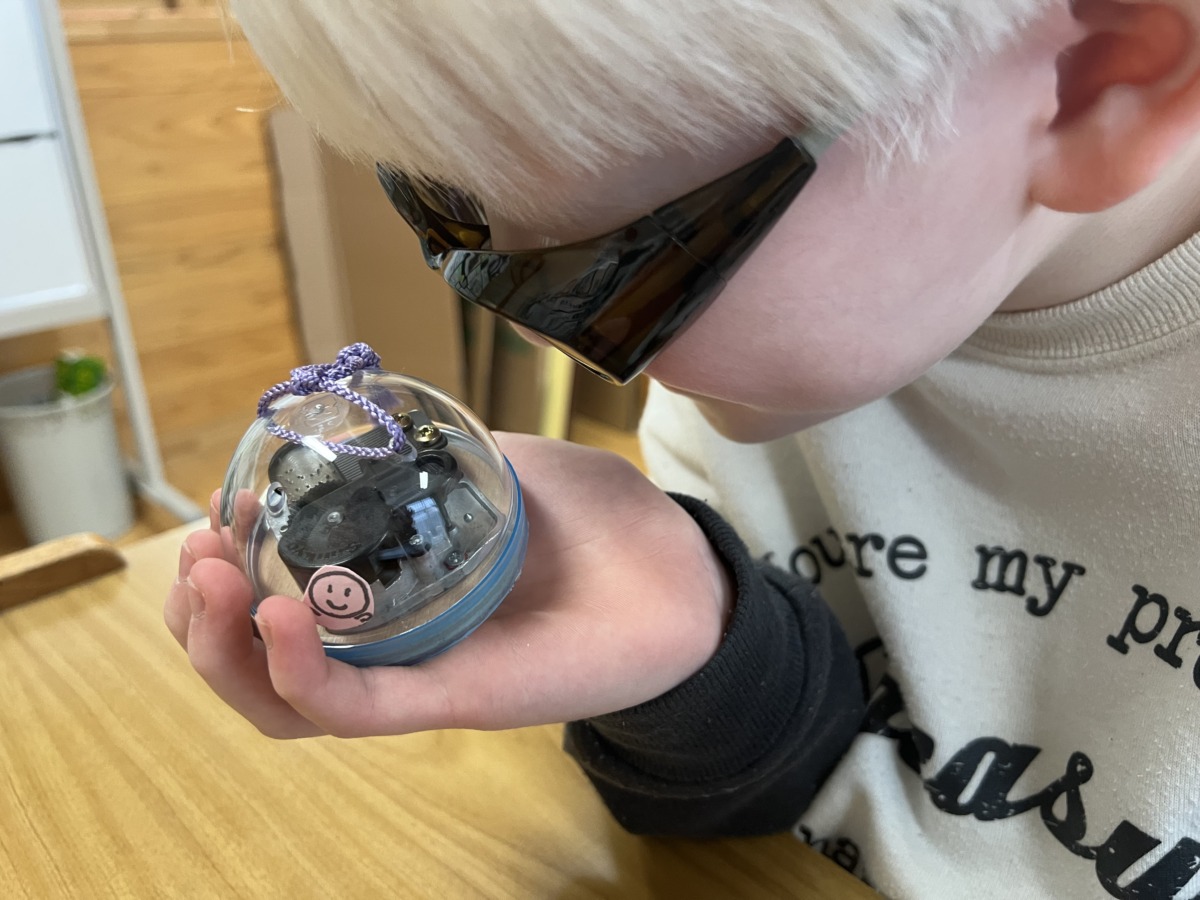 オルゴールを顔に近づけ、内部の構造を見ている児童