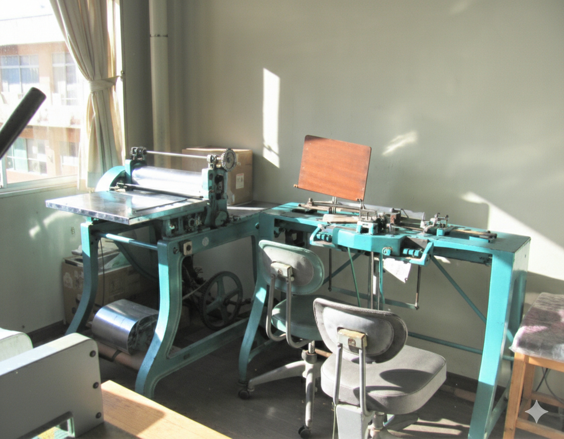 写真：旧校舎に置かれていたころの足踏み式点字手動製版機とローラー印刷機