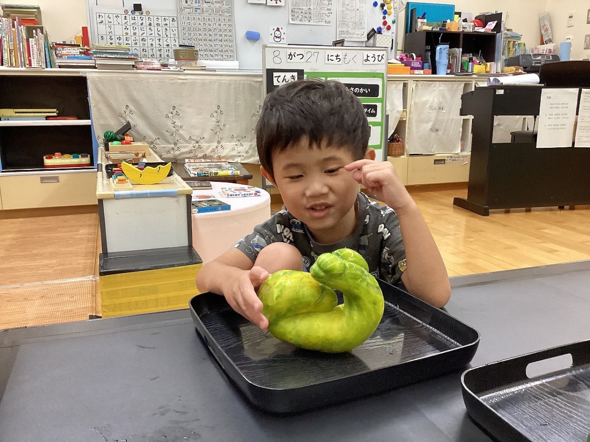 テーブル上のおぼんに乗った、丸まった形に成長したきゅうりと一緒に写る幼児