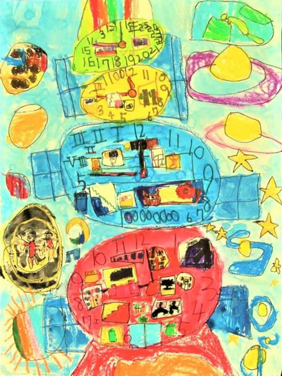 絵画「とけいロケット出発 宇宙へ」