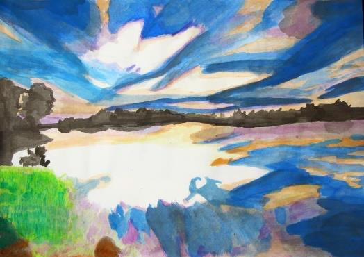 絵画「夕焼けと湖」