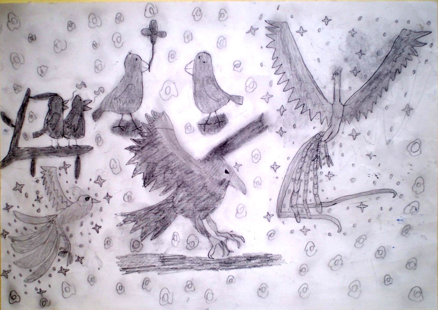 絵画「かわいいとりと、かっこいいとりがいっぱい!ふしちょうがキラキラできれい!」