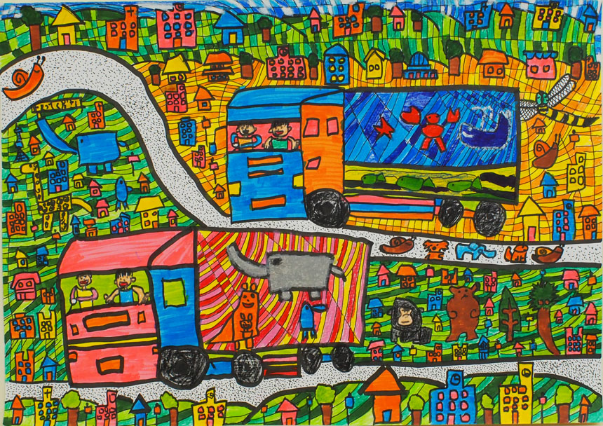 絵画「トラックの走る街」